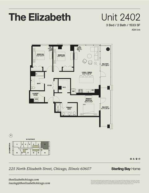 Floor plan for 3 beds, 2 baths, 1533 sqft